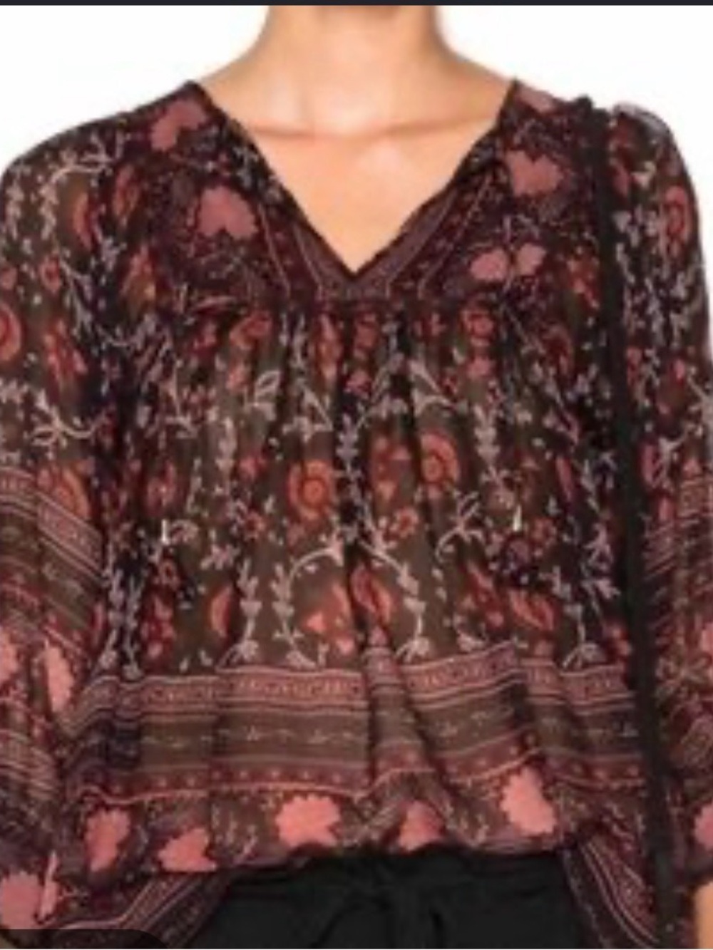 Ulla Johnson Edna blouse Sheer Floral Peasant Blouse - Burgundy & Black